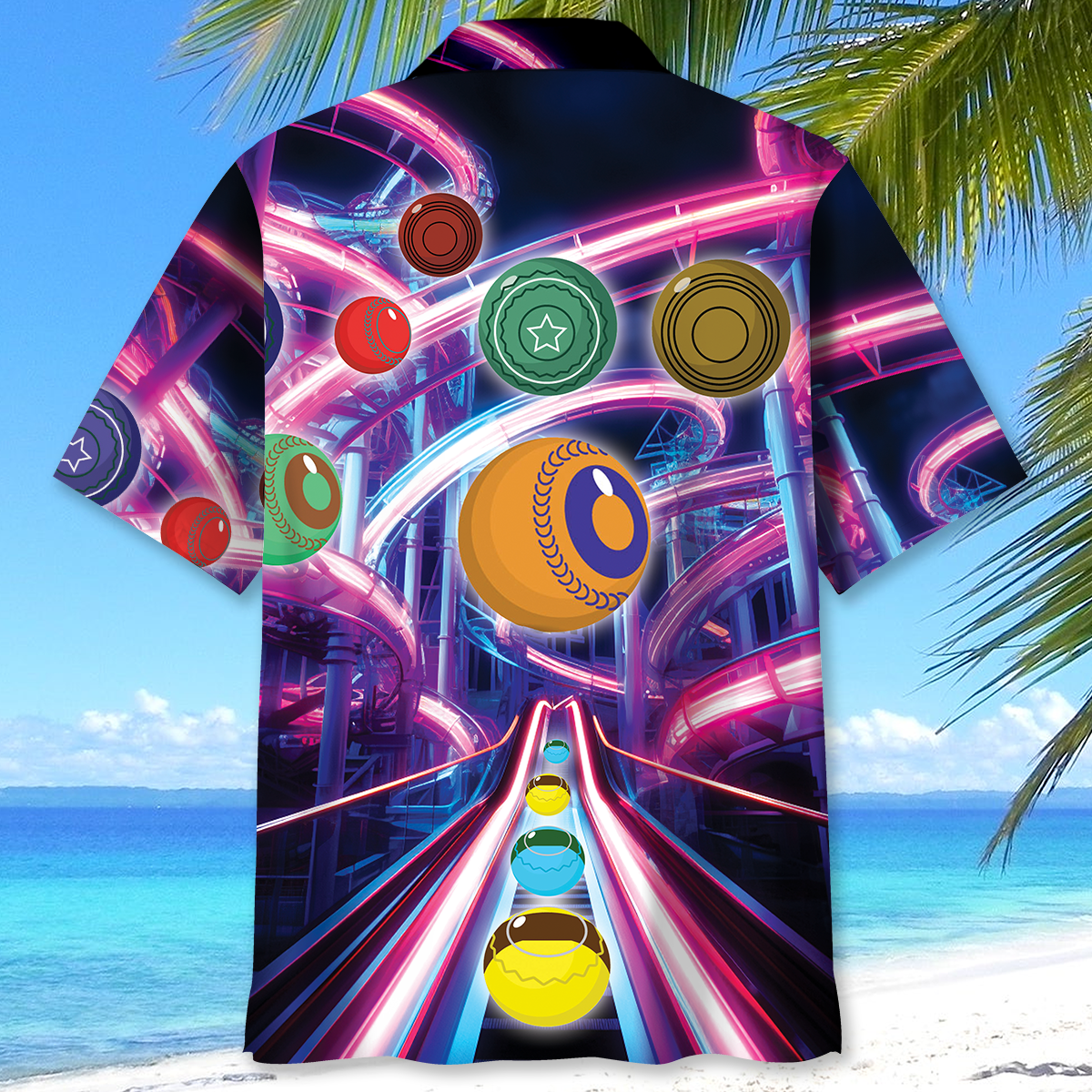 Neon Roller Coaster Lawn Bowl Hawaiian Shirt For Summer Vacation And Beach Travel