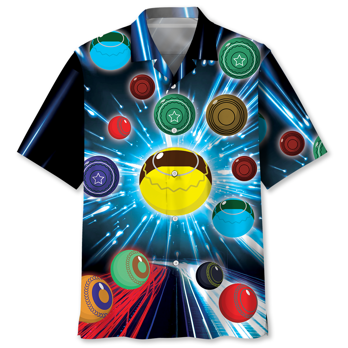 Neon Galaxy Lawn Bowl Hawaiian Shirt Artwork Detail For Tropical Trips And Casual Outings
