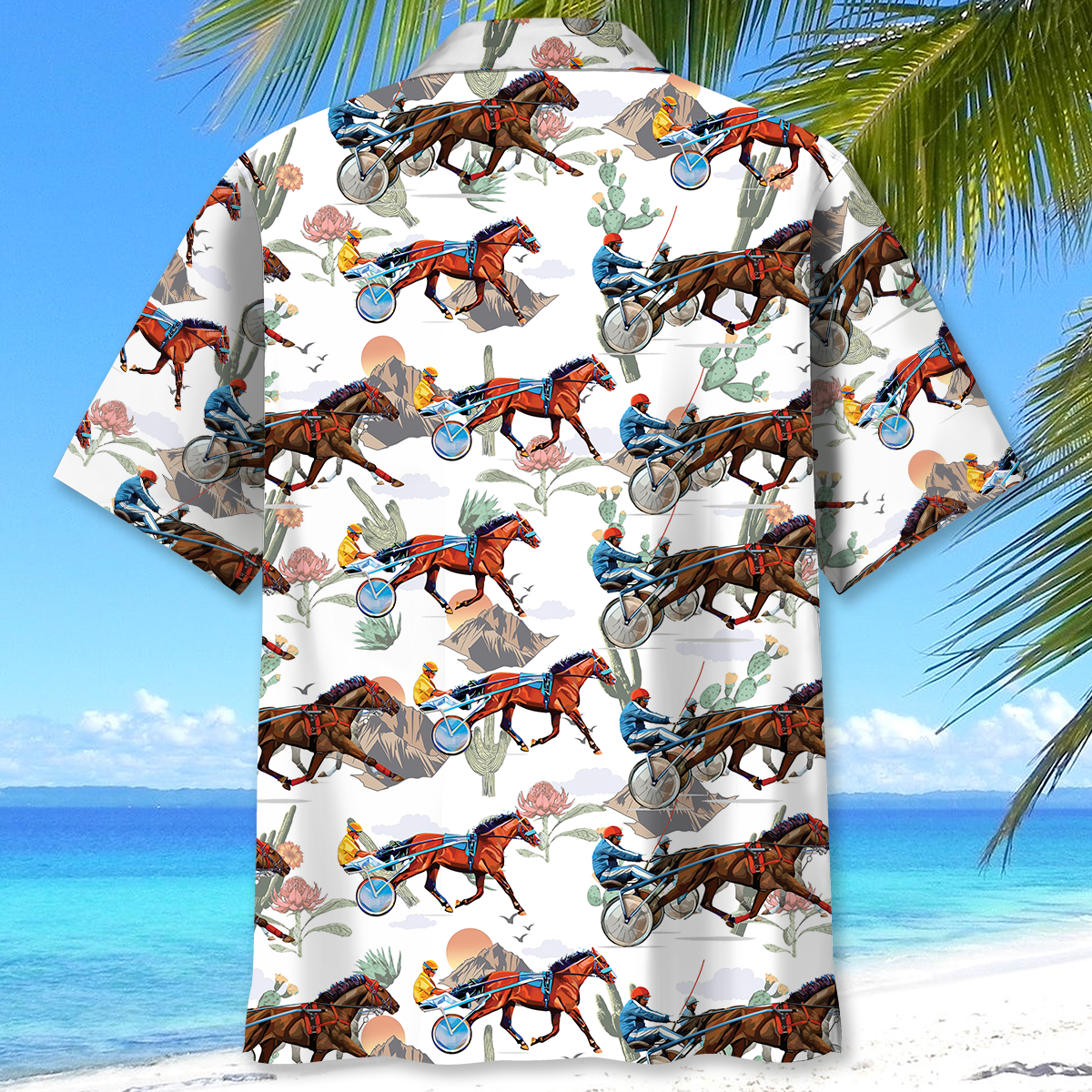 Western Horse Cactus Harness Racing Hawaiian Shirt Artwork Detail For Resort Trips And Outdoor Activities