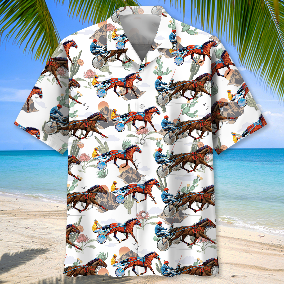 Western Horse Cactus Harness Racing Hawaiian Shirt Pattern View For Relaxed Warm Weather Outfits