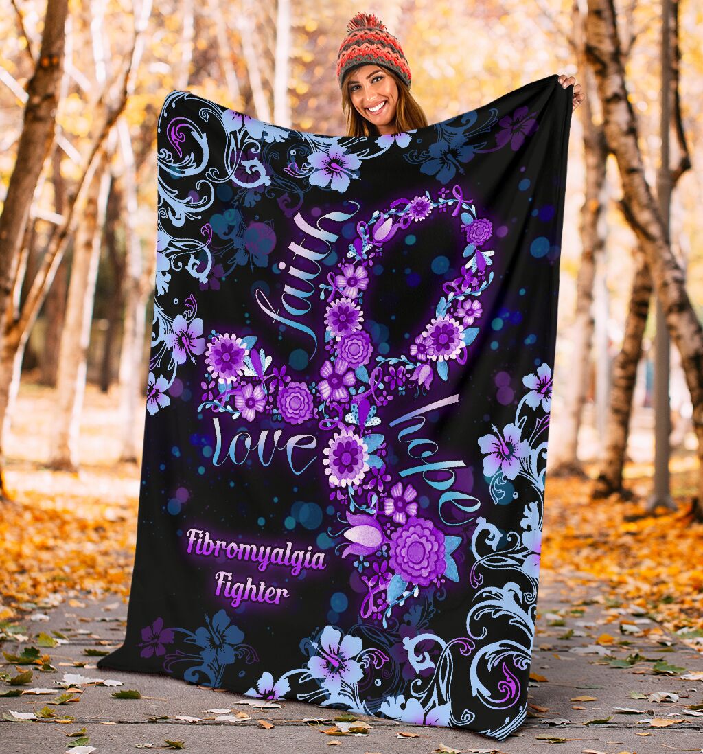 Flower Faith Hope Love Fibromyalgia Awareness Flannel Blanket For Cozy Bedroom Sofa Decor