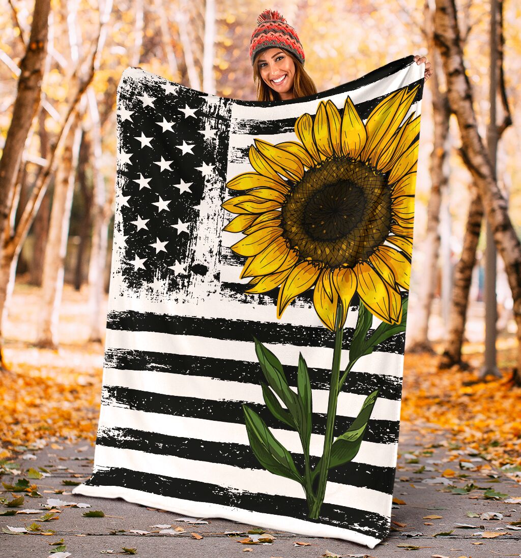 Sunflower American Flag Flannel Blanket For Cozy Bedroom Sofa Decor
