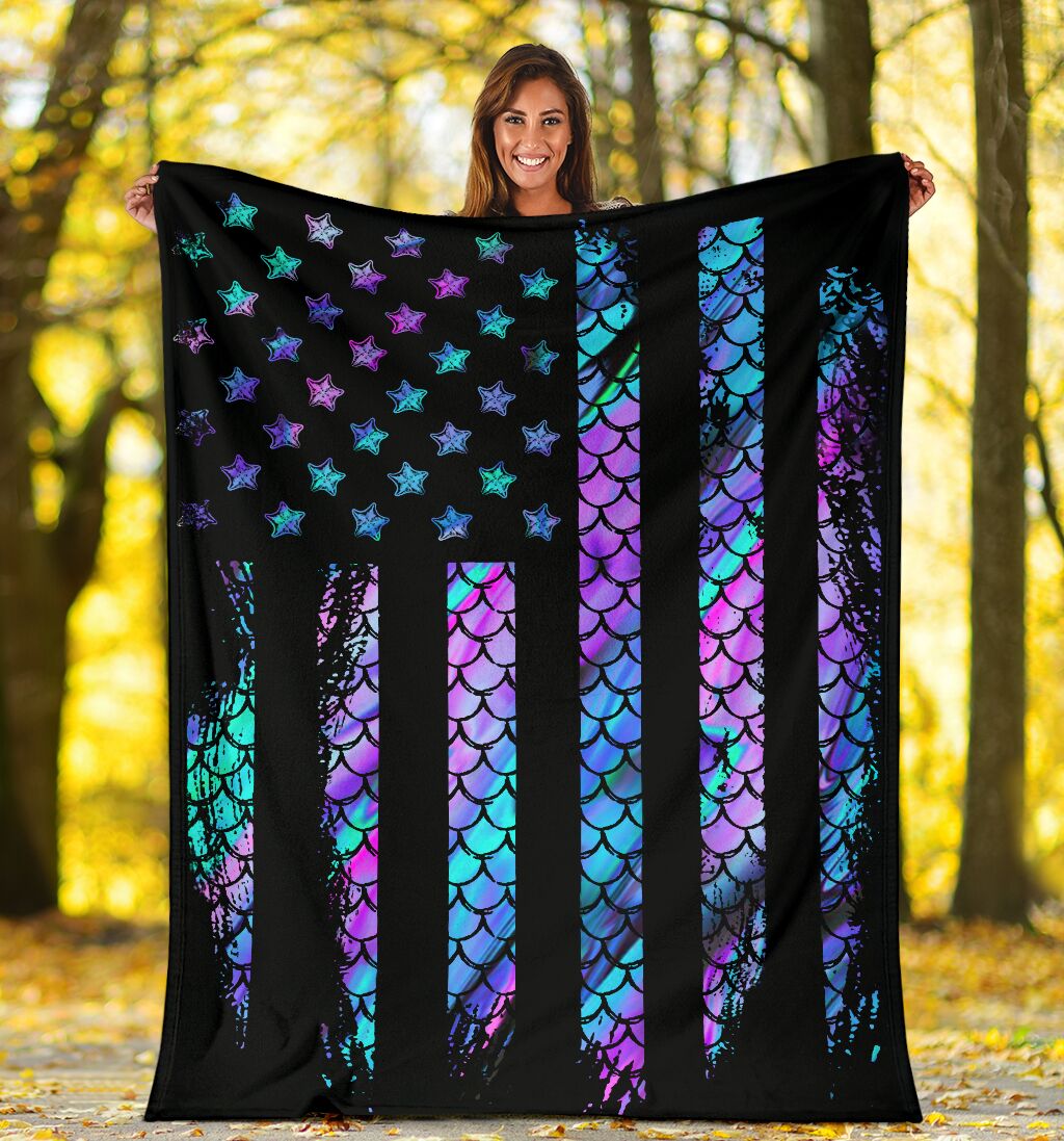 Mermaid American Flag Flannel Blanket For Cozy Bedroom Sofa Decor