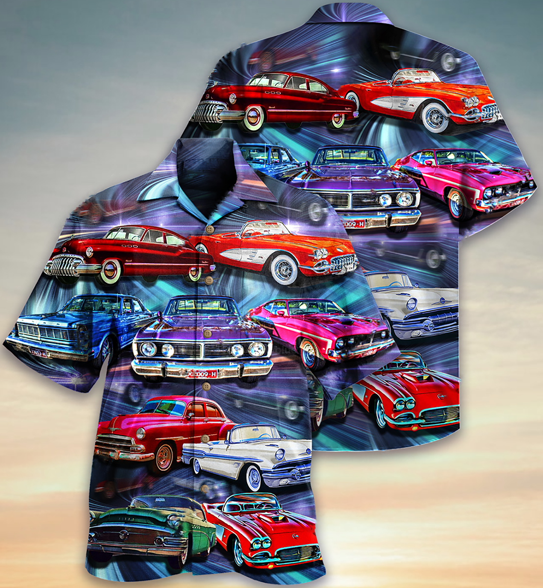 Colorful Classic Car Hawaiian Shirt With Detailed Graphic For Coastal Adventures Summer Events And Everyday Comfort