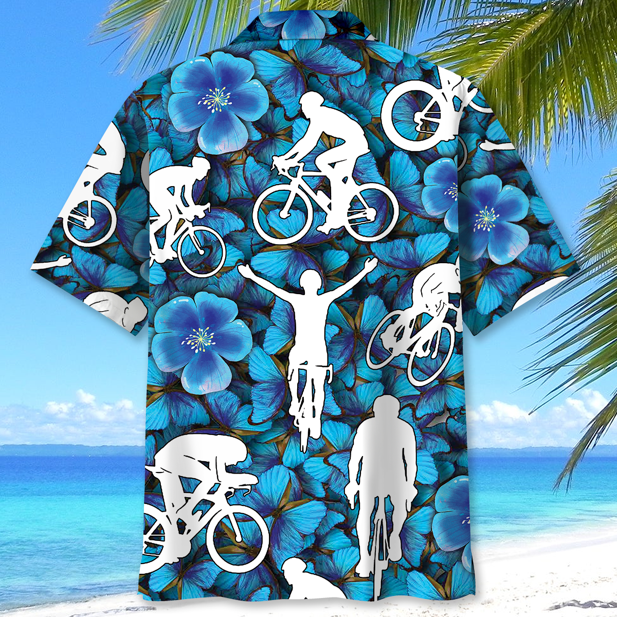 Blue Light Cycling Adventure Hawaiian Shirt Pattern Detail For Vacation Travel And Daily Wear