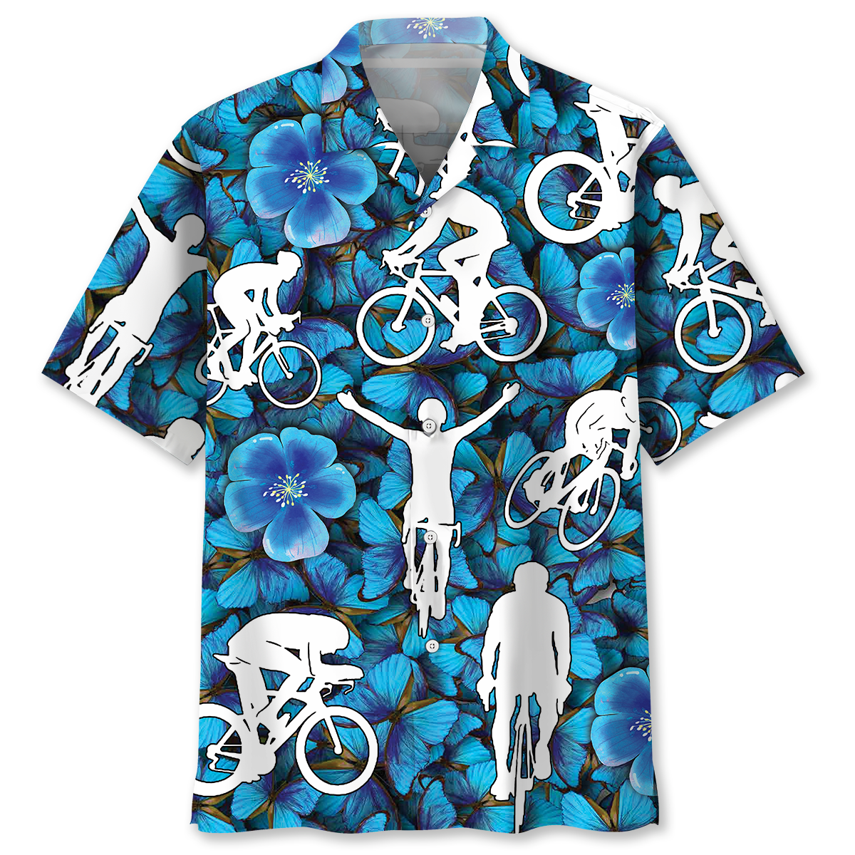 Blue Light Cycling Adventure Hawaiian Shirt Artwork Detail For Resort Trips And Outdoor Activities