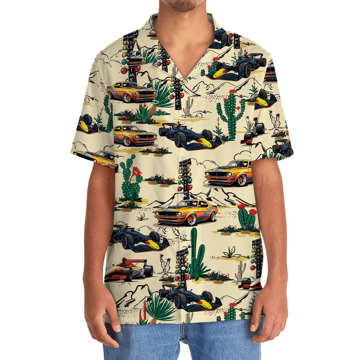 Desert Drag Racing Adventure Hawaiian Shirt Pattern Detail For Summer Holidays And Outdoor Fun