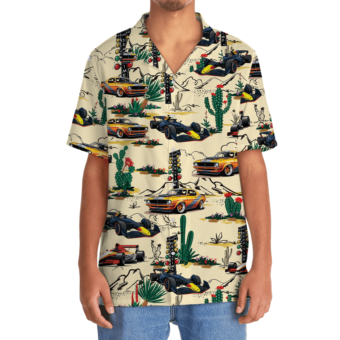 Desert Drag Racing Adventure Hawaiian Shirt Pattern Detail For Summer Holidays And Outdoor Fun