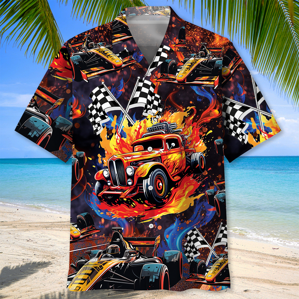 Drag Racing Hot Rod Hawaiian Shirt Pattern View For Relaxed Warm Weather Outfits