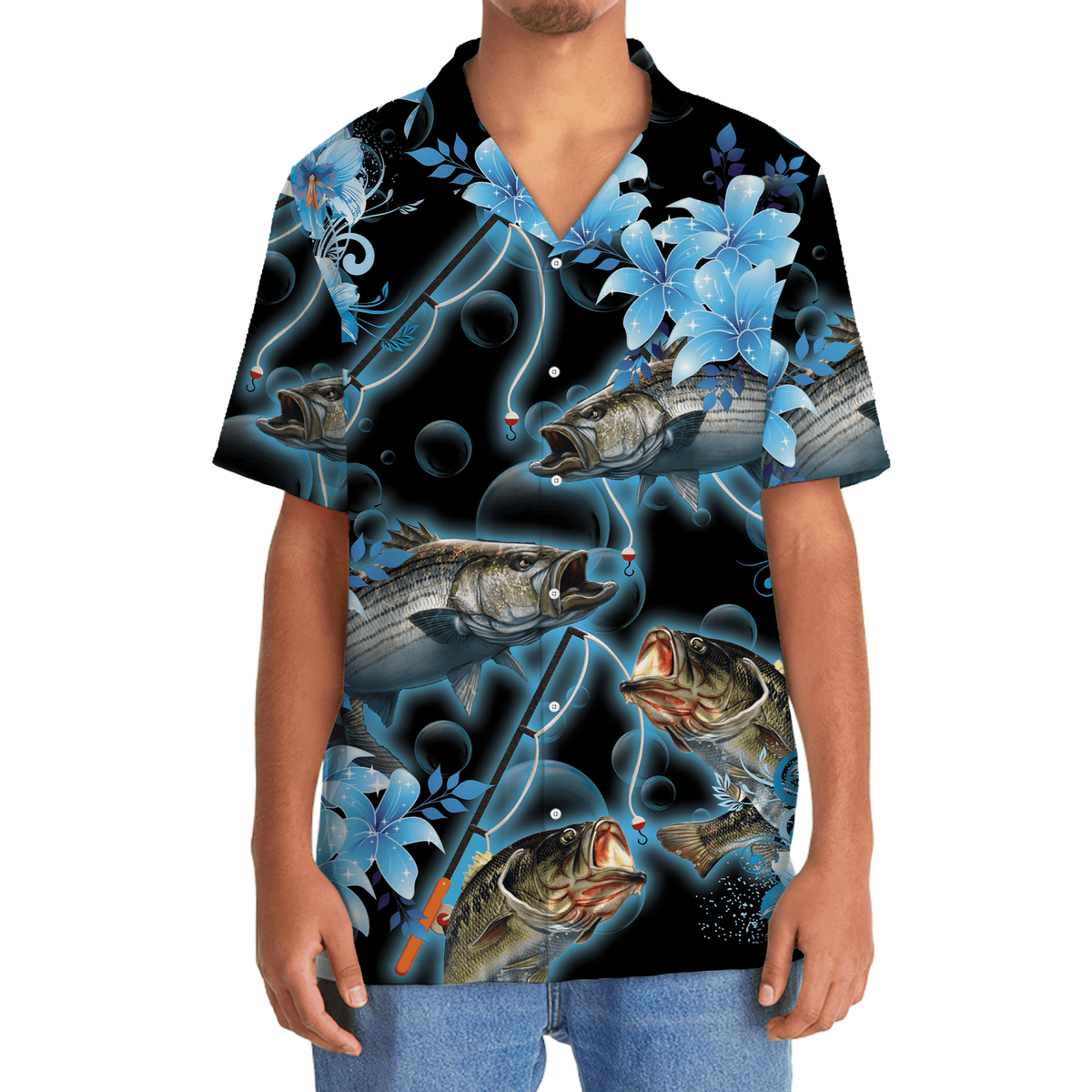 Blue Light Fishing Coastal Hawaiian Shirt For Summer Events And Casual Outdoor Wear