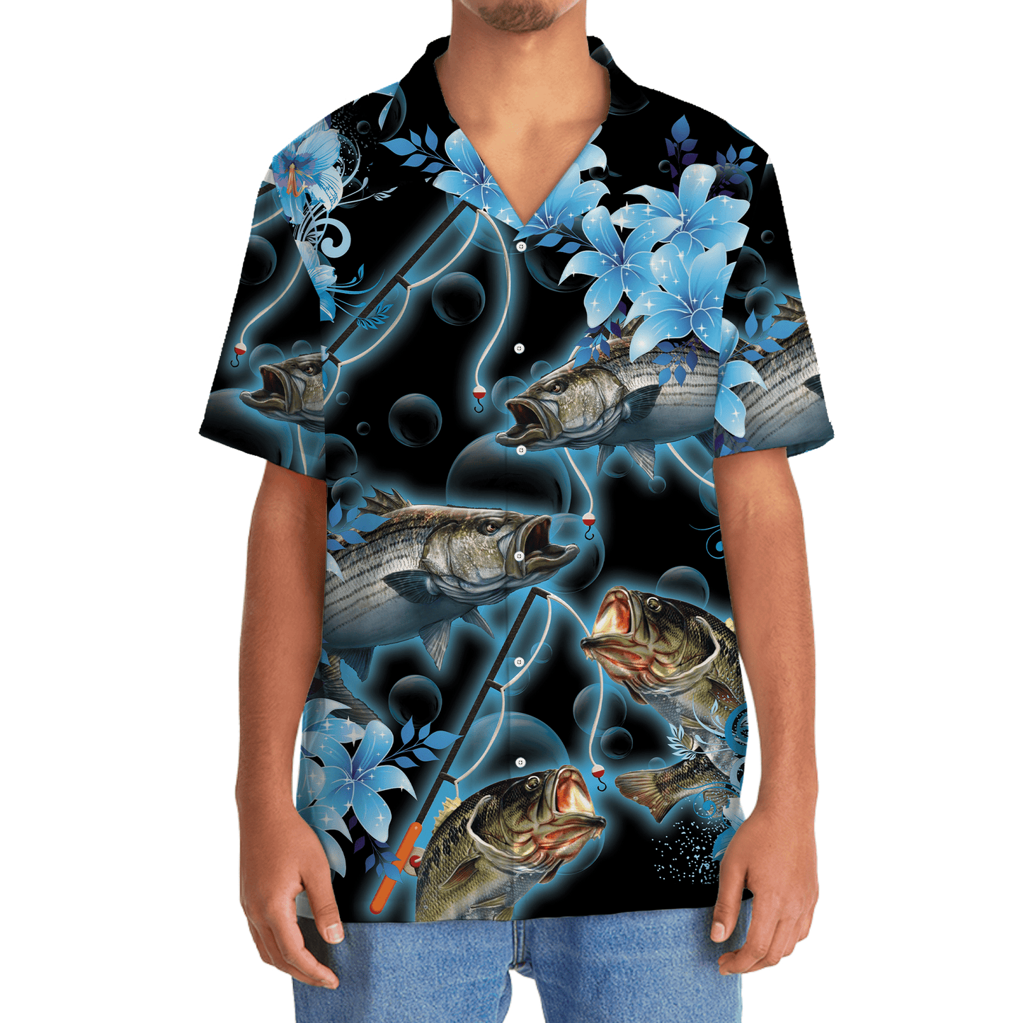 Blue Light Fishing Coastal Hawaiian Shirt For Summer Events And Casual Outdoor Wear