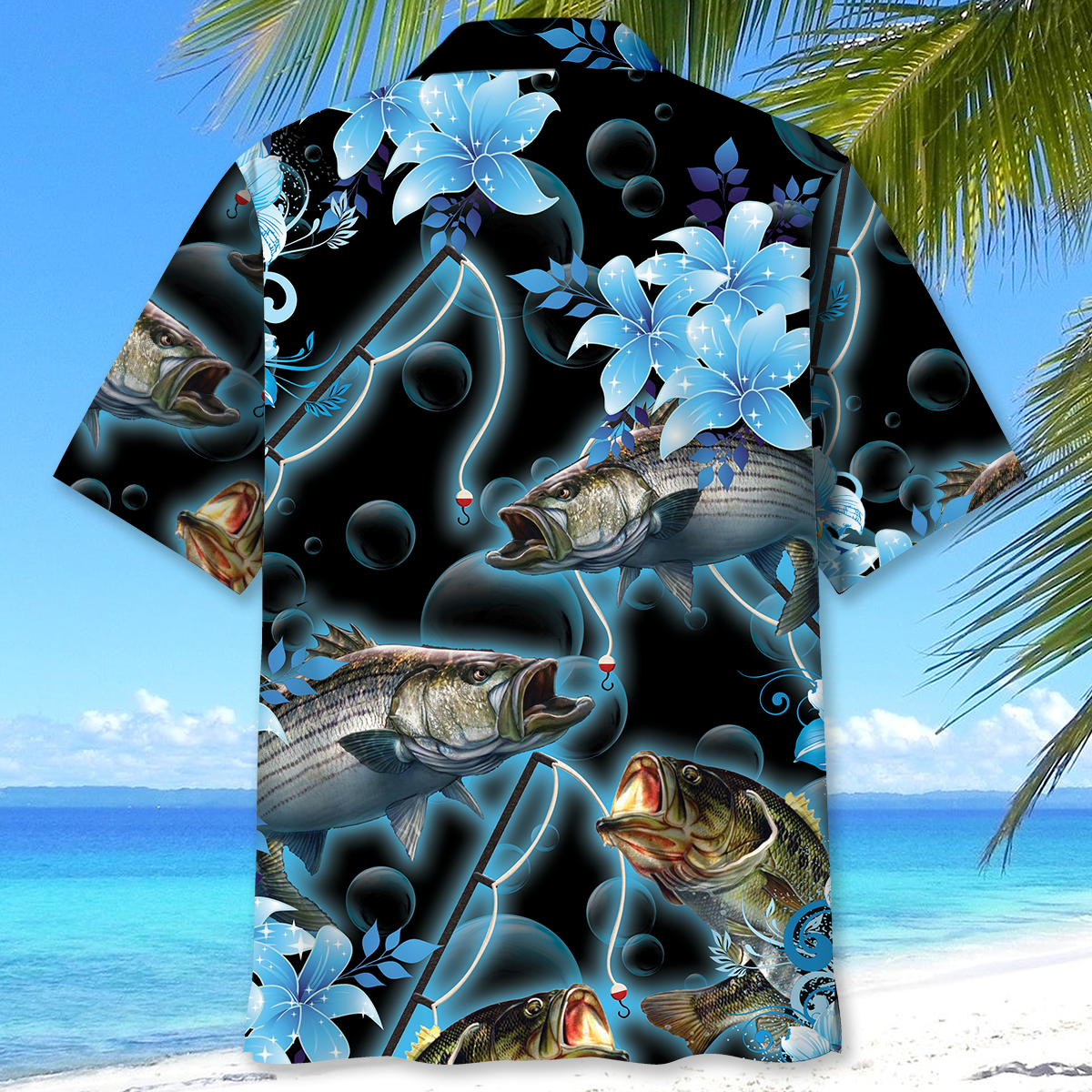 Blue Light Fishing Coastal Hawaiian Shirt Design Detail For Beach Days And Holiday Travel