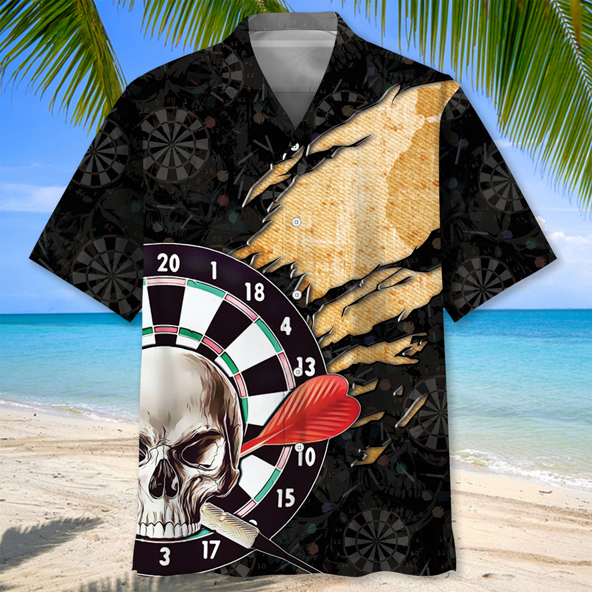 Bold Skull Dart Hawaiian Shirt Artwork Detail For Resort Trips And Outdoor Activities