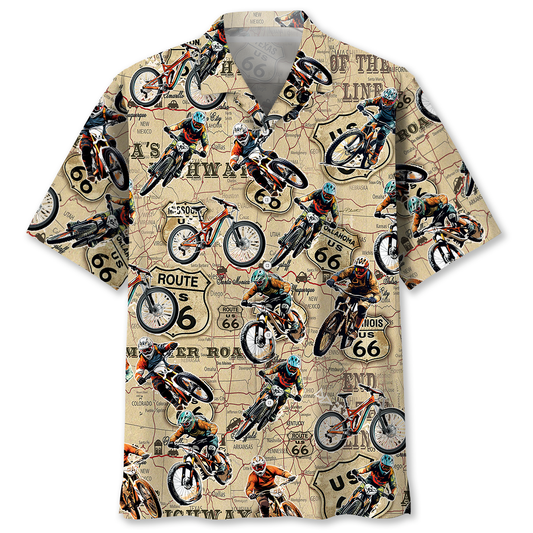 Bicycle Desert Highway Mountain Racing Adventure Hawaiian Shirt Design Detail For Beach Days And Holiday Travel