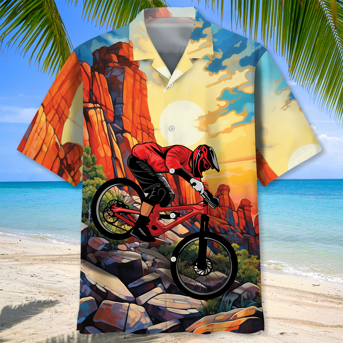 Bicycle Downhill Mountain Adventure Hawaiian Shirt Pattern Detail For Summer Holidays And Outdoor Fun