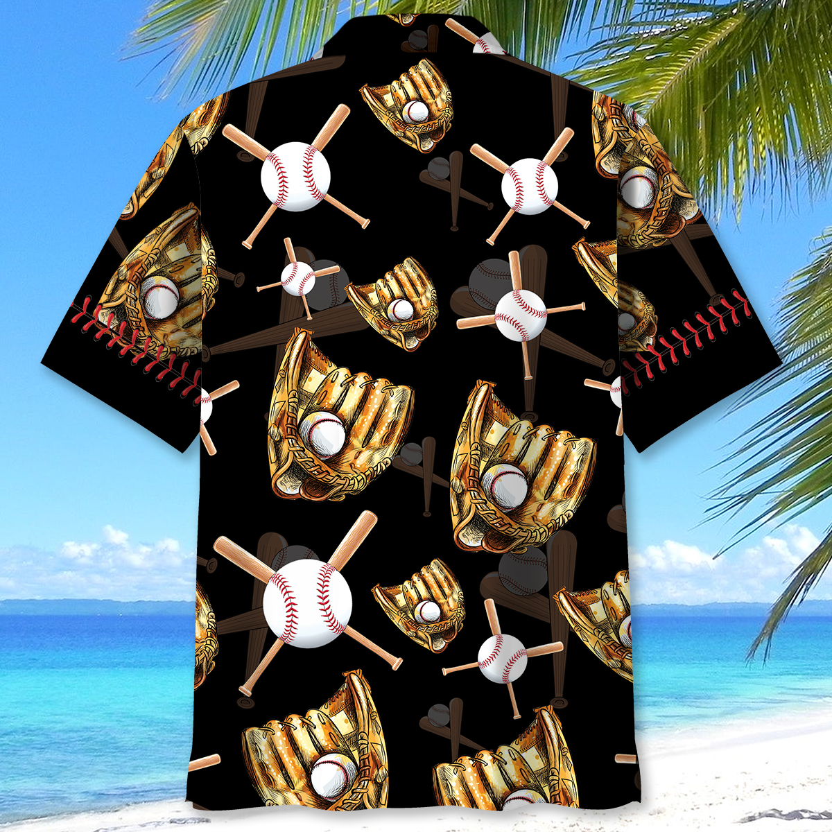 Black Vintage Retro Baseball Gloves Hawaiian Shirt Design Detail For Beach Days And Holiday Travel