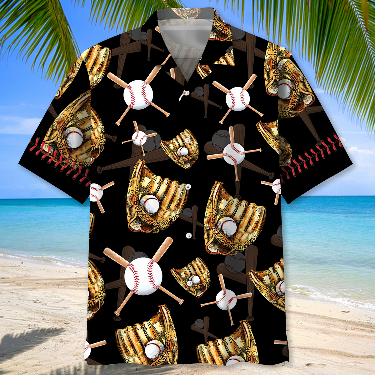 Black Vintage Retro Baseball Gloves Hawaiian Shirt Pattern View For Lightweight Everyday Style
