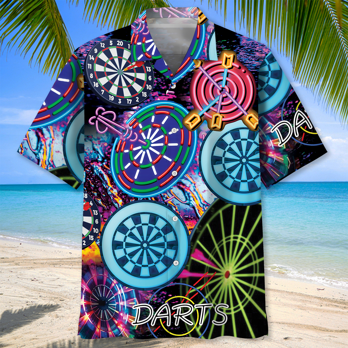 Neon Retro Dart Hawaiian Shirt Artwork View For Weekend Travel And Beach Style