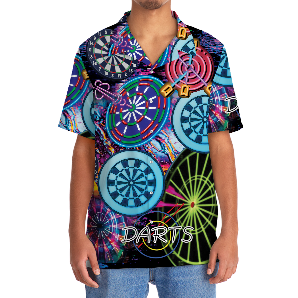 Neon Retro Dart Hawaiian Shirt Design Detail For Sunny Adventures And Casual Wear