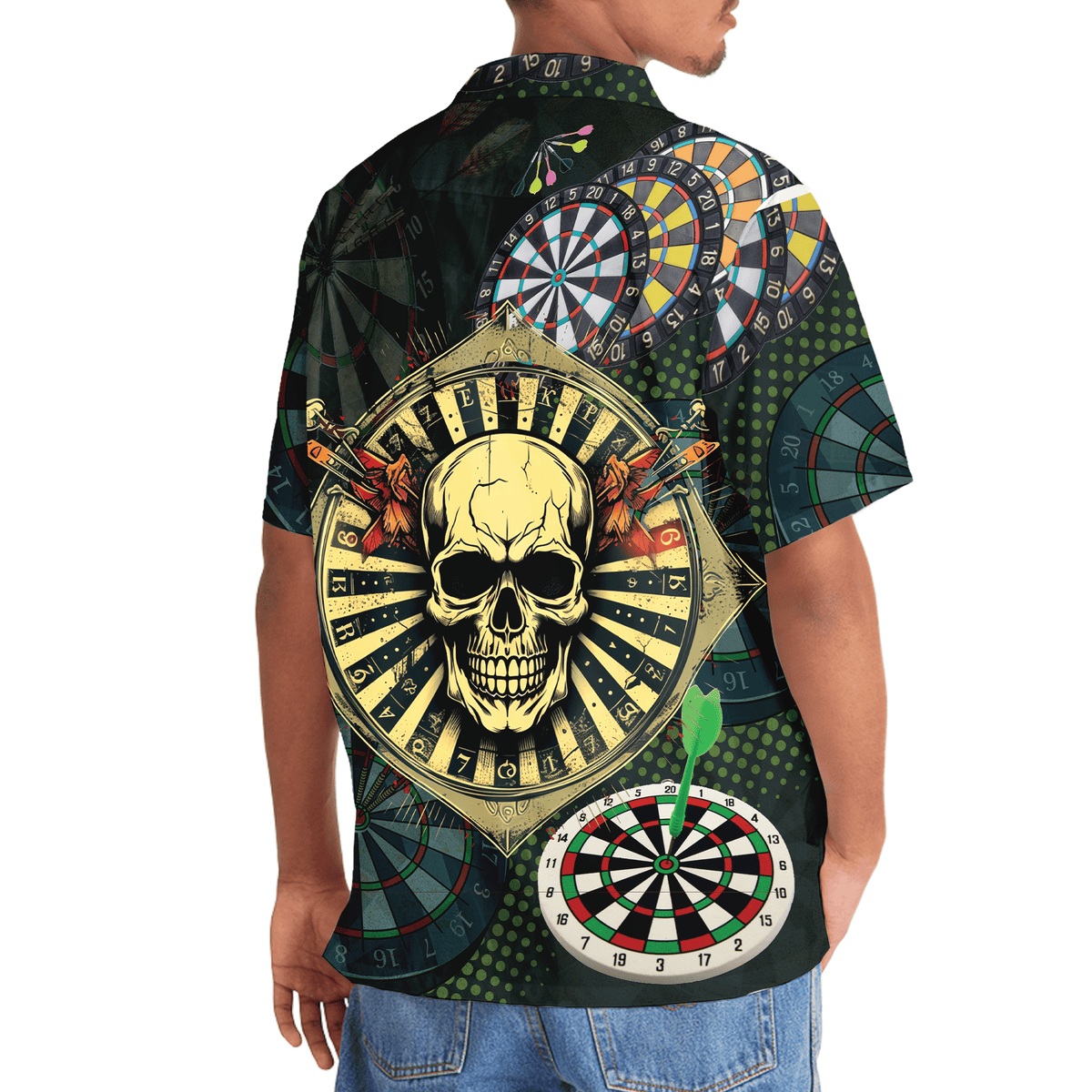 Bold Skull Dart Happiness Hawaiian Shirt Pattern View For Relaxed Warm Weather Outfits
