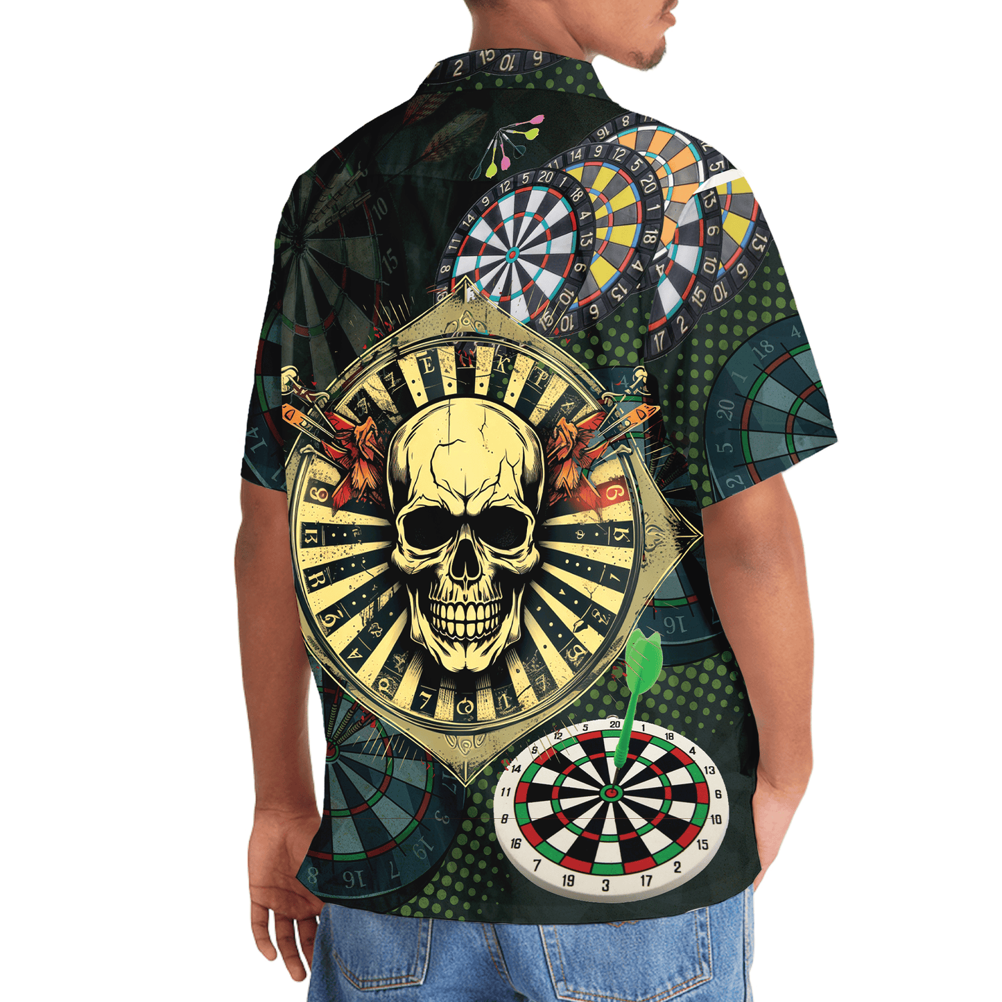 Bold Skull Dart Happiness Hawaiian Shirt Pattern View For Relaxed Warm Weather Outfits