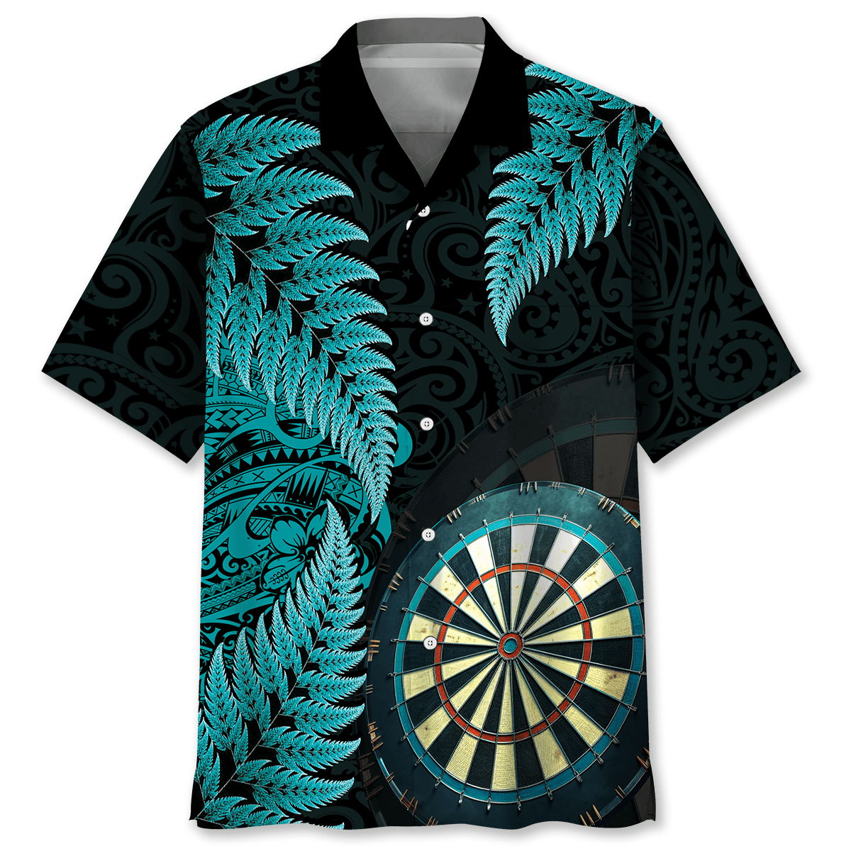 Blue Tropical Dart Polynesian Happiness Hawaiian Shirt Artwork Detail For Tropical Trips And Casual Outings