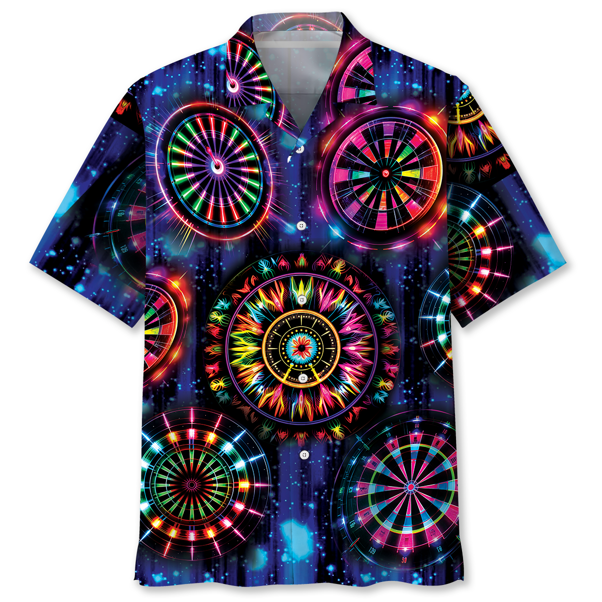 Neon Retro Dart Light Happiness Hawaiian Shirt Artwork Detail For Tropical Trips And Casual Outings