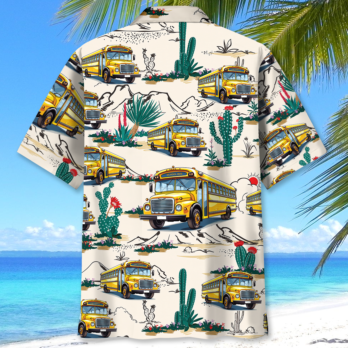 Funny School Bus Desert Hawaiian Shirt Design Detail For Sunny Adventures And Casual Wear
