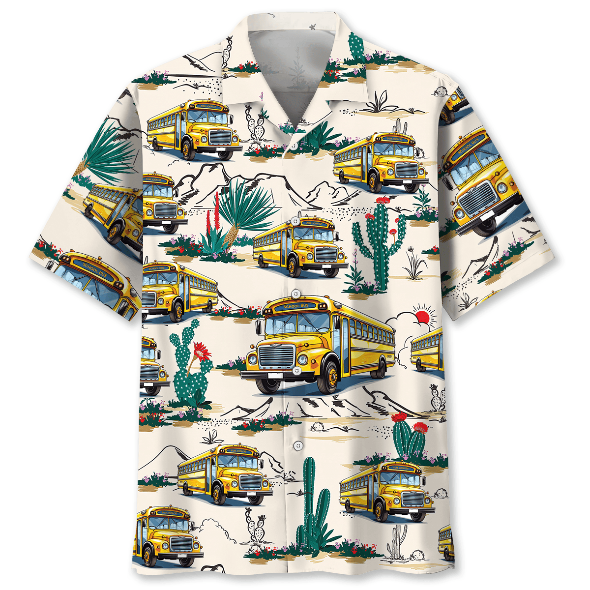 Funny School Bus Desert Hawaiian Shirt Pattern Detail For Summer Holidays And Outdoor Fun