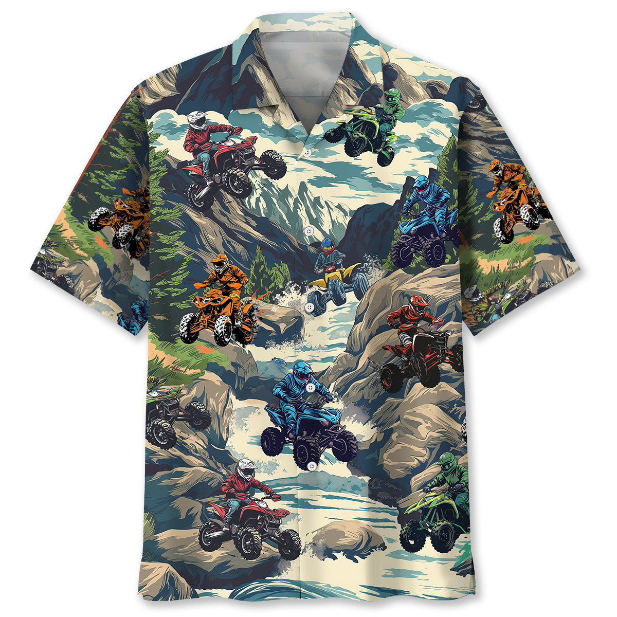 ATV Motocross Rocky Mountain Adventure Hawaiian Shirt Artwork Detail For Resort Trips And Outdoor Activities