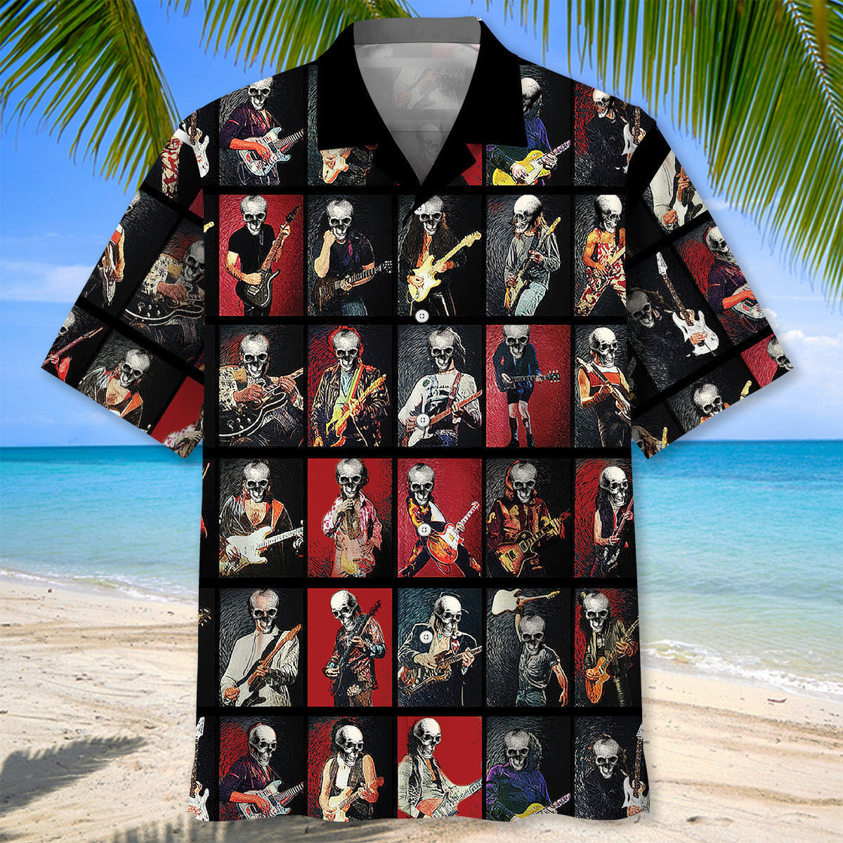 Vintage Classical Guitarist Artistic Hawaiian Shirt Pattern View For Relaxed Warm Weather Outfits
