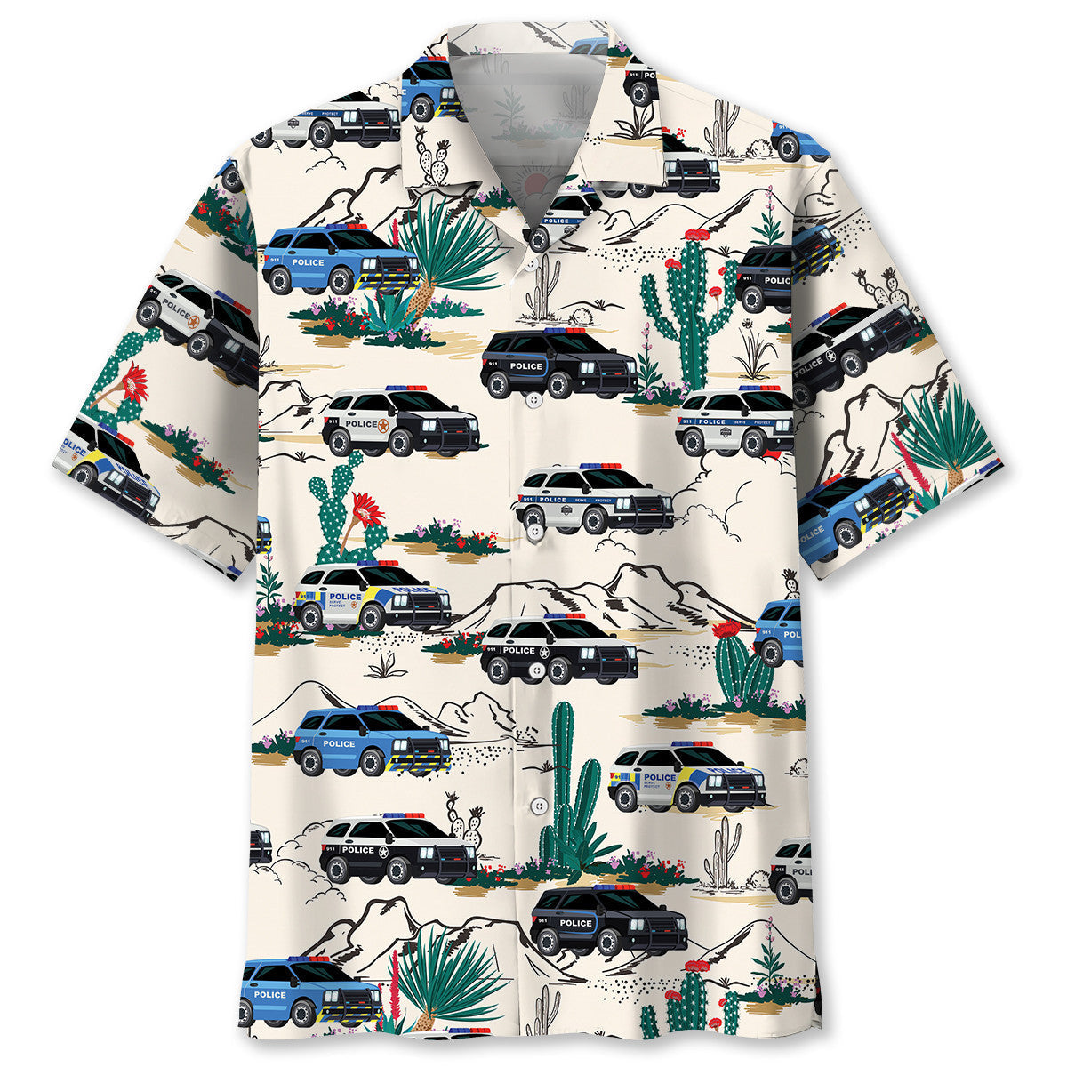 Patriotic Police Car Law Enforcement Hawaiian Shirt Artwork View For Weekend Travel And Beach Style