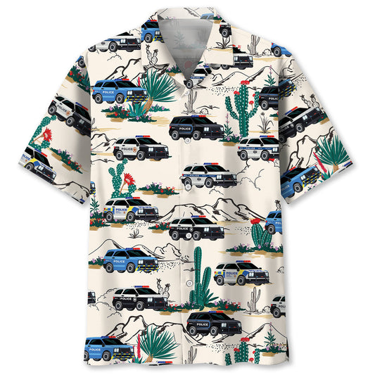 Patriotic Police Car Law Enforcement Hawaiian Shirt Artwork View For Weekend Travel And Beach Style