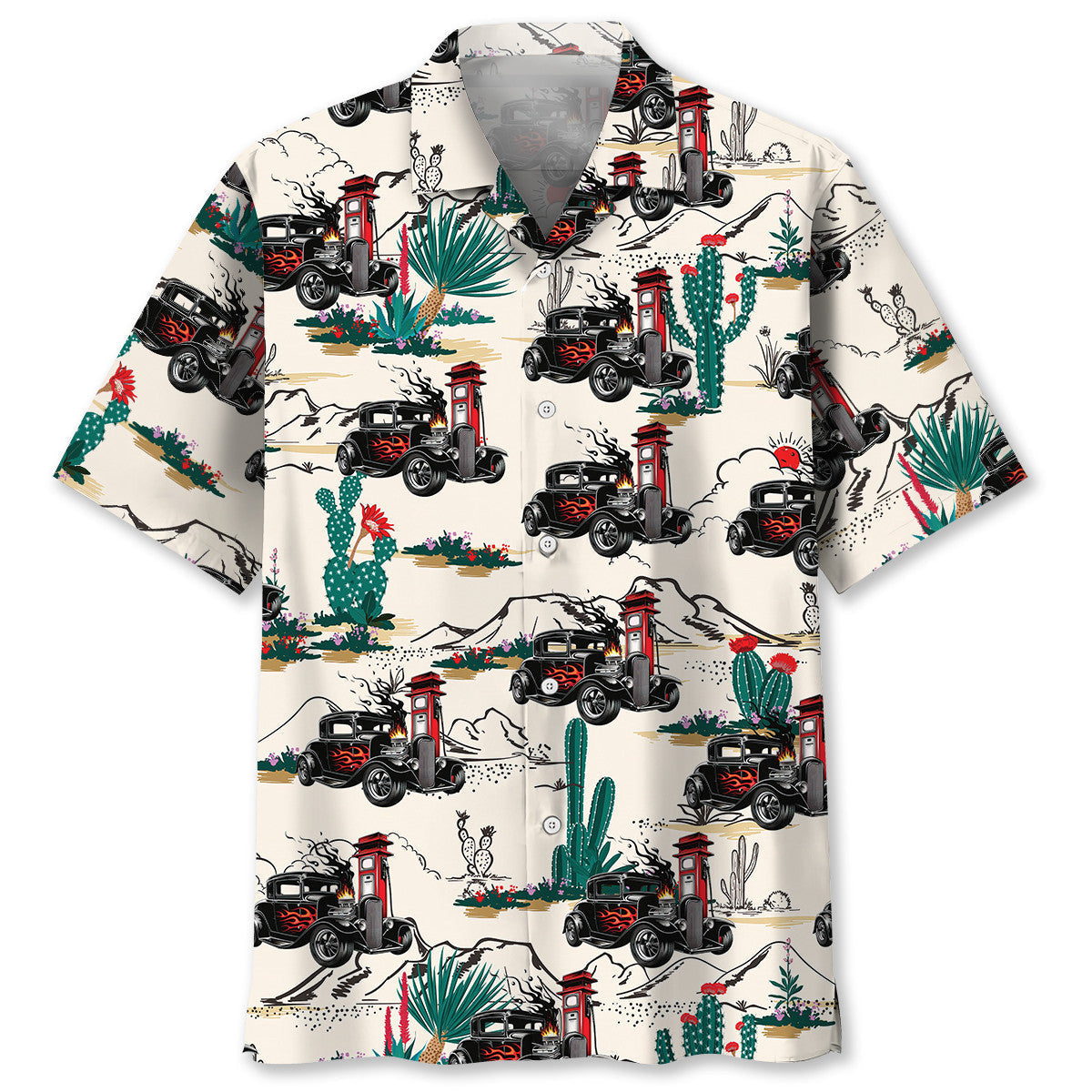 Historic Retro Desert Hot Rod Racing Highway Hawaiian Shirt Design Detail For Beach Days And Holiday Travel