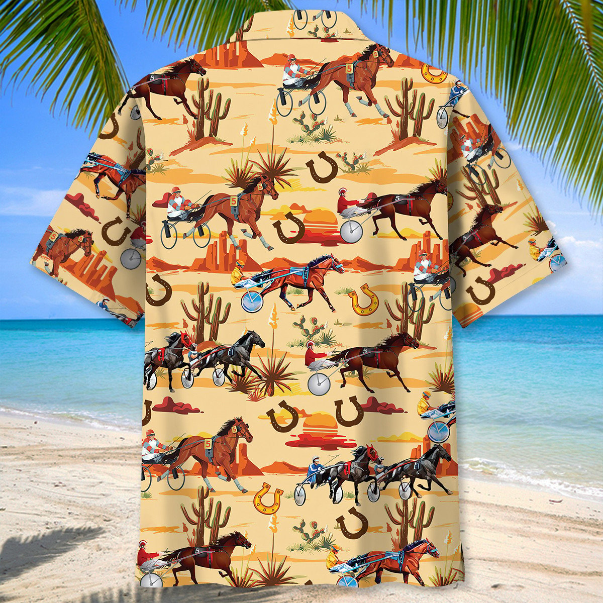 Orange Horse Desert Harness Racing Hawaiian Shirt Pattern View For Relaxed Warm Weather Outfits