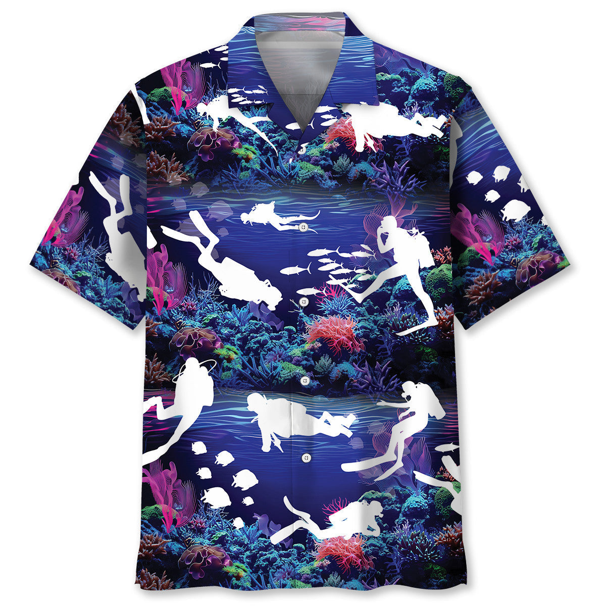 Neon Diving Coral Ocean Hawaiian Shirt Pattern Detail For Vacation Travel And Daily Wear