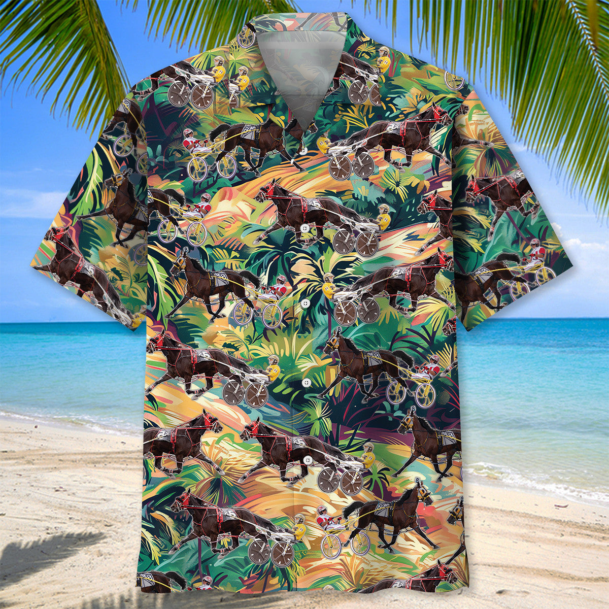 Tropical Horse Road Harness Racing Hawaiian Shirt Artwork View For Coastal Escapes And Resort Style