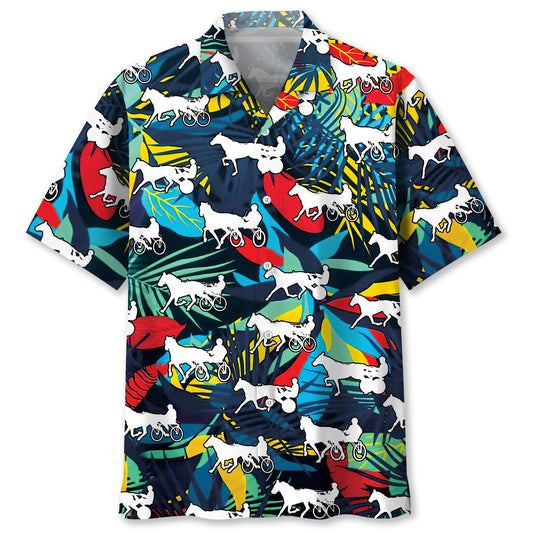 Tropical Horse Harness Racing Hawaiian Shirt Artwork Detail For Resort Trips And Outdoor Activities