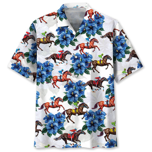 Blue Classic Horse Racing Hawaiian Shirt Pattern Detail For Summer Holidays And Outdoor Fun