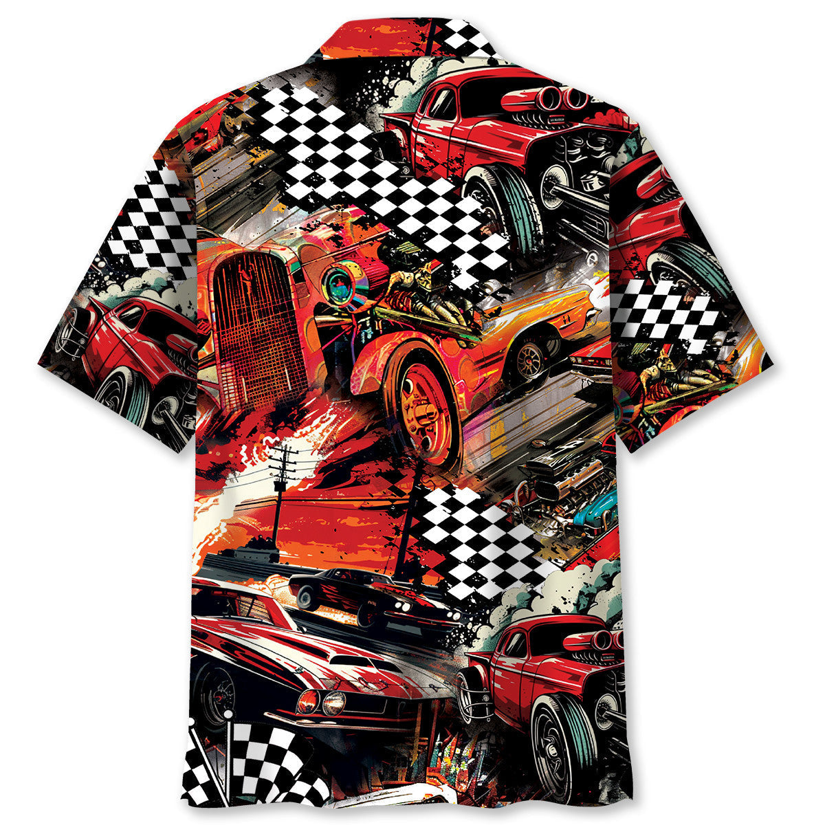 Retro Red Drag Racing Hawaiian Shirt Pattern View For Relaxed Warm Weather Outfits