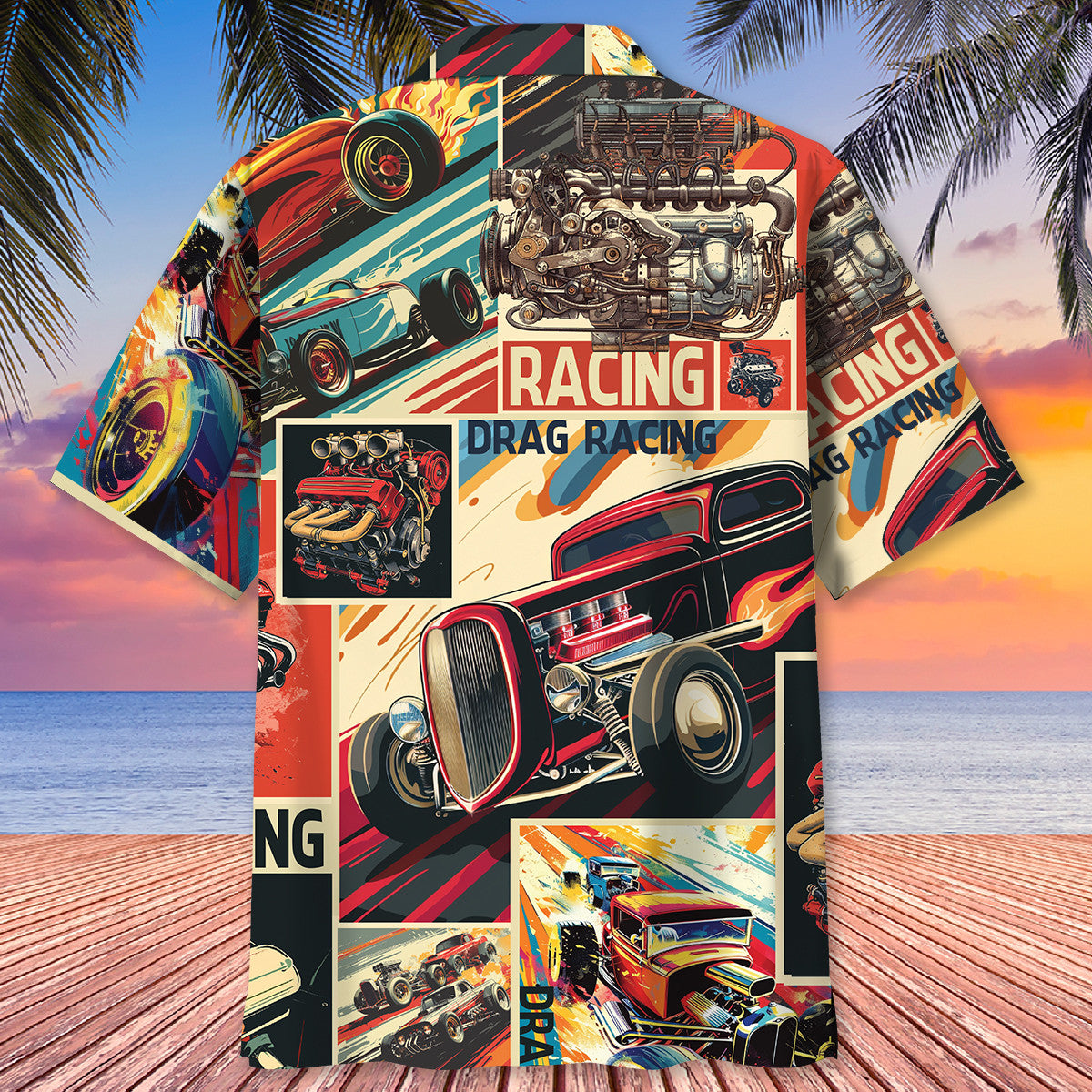Retro Drag Racing Magazine Hawaiian Shirt Pattern Detail For Vacation Travel And Daily Wear