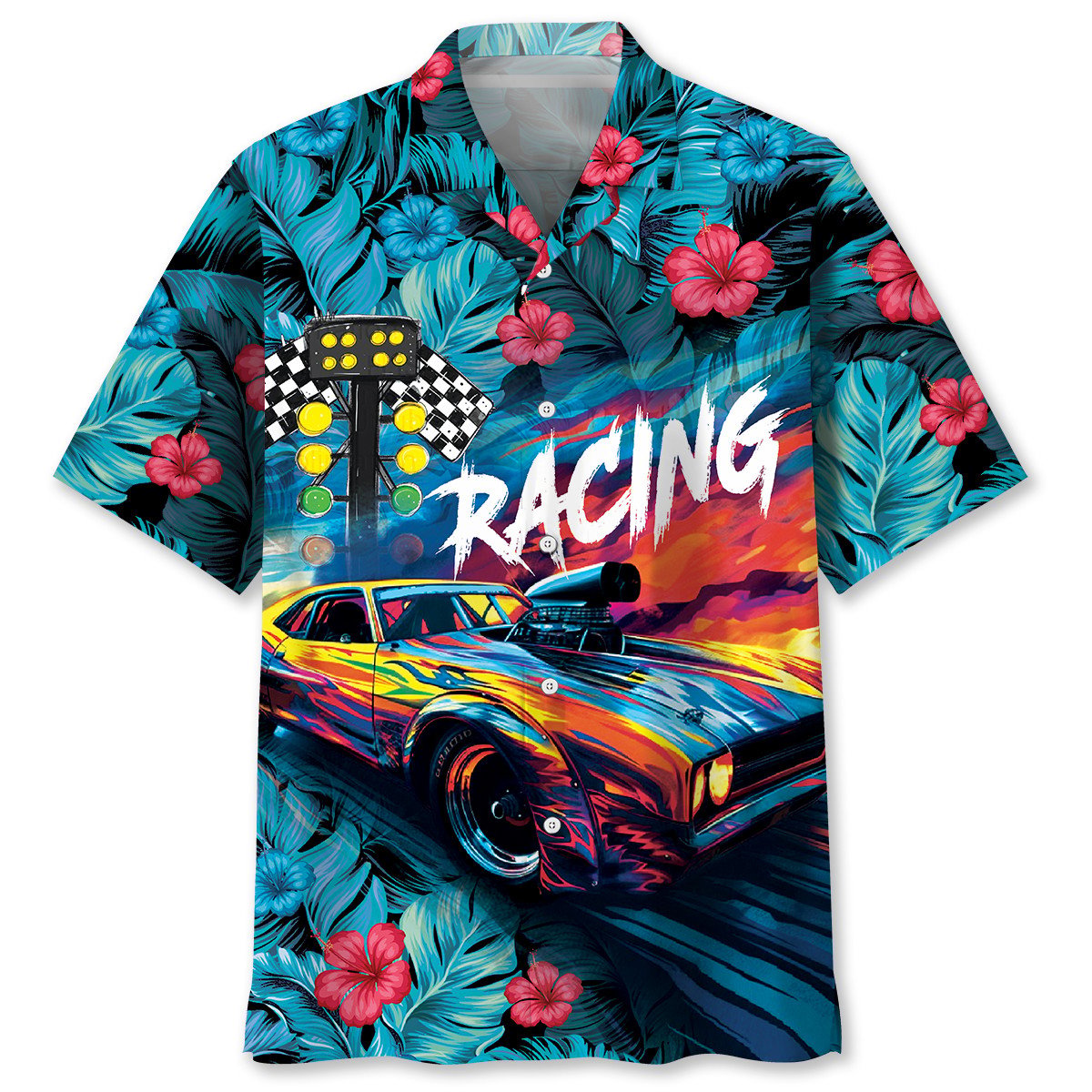 Tropical Drag Racing Speed Hawaiian Shirt Artwork Detail For Resort Trips And Outdoor Activities