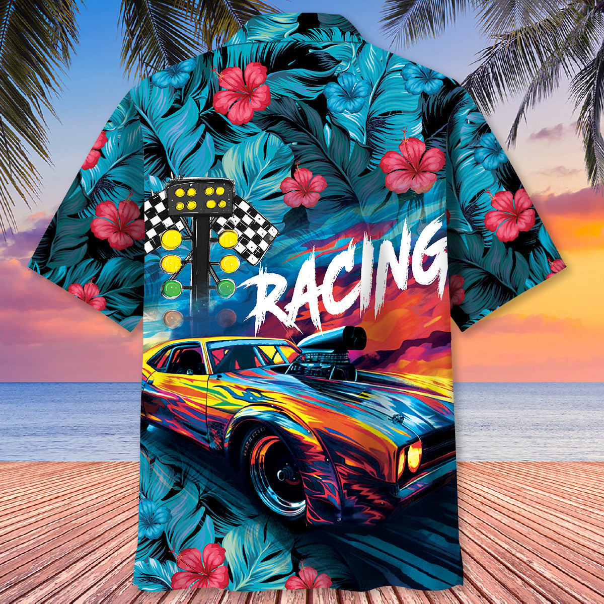 Tropical Drag Racing Speed Hawaiian Shirt Pattern Detail For Vacation Travel And Daily Wear