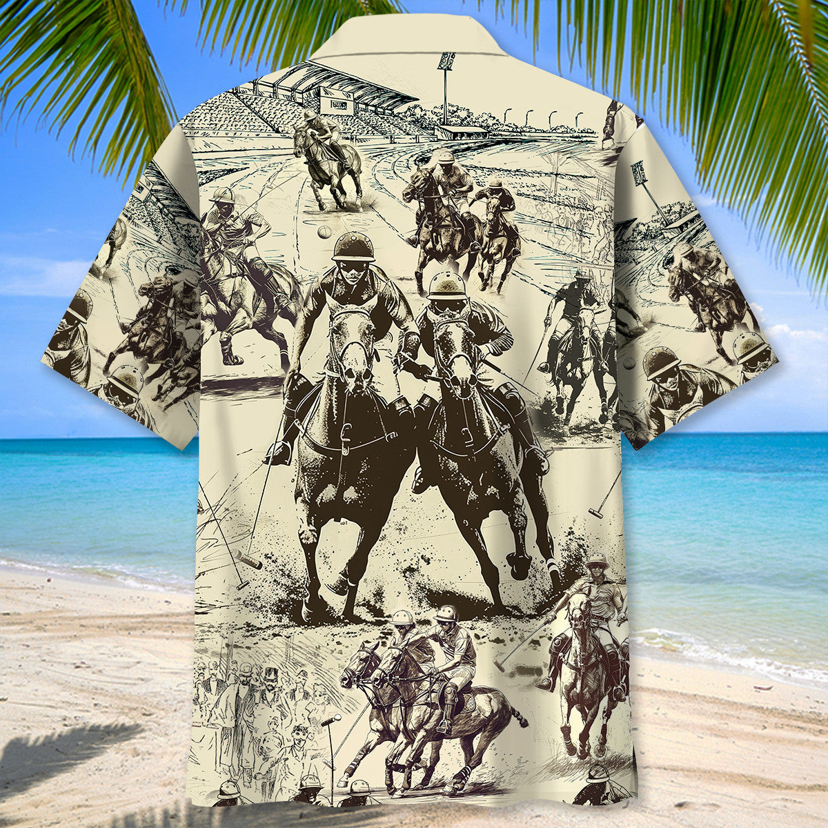 Vintage Classic Horse Polo Sport Hawaiian Shirt Design Detail For Beach Days And Holiday Travel