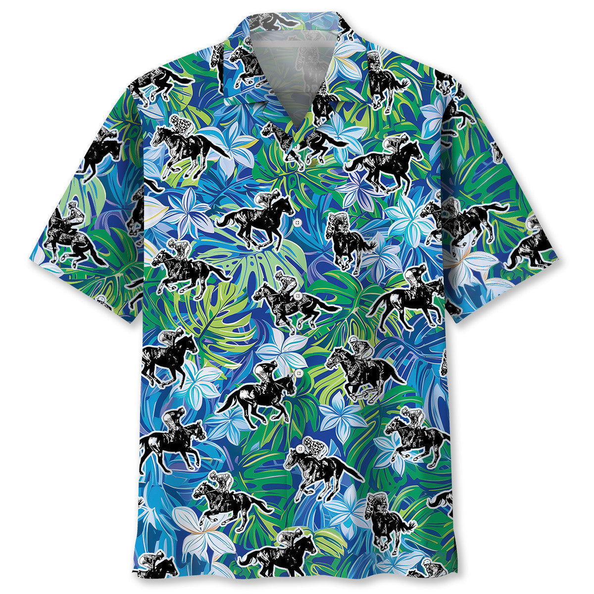 Classic Horse Racing Hawaiian Shirt For Vacation Days And Relaxed Coastal Outings