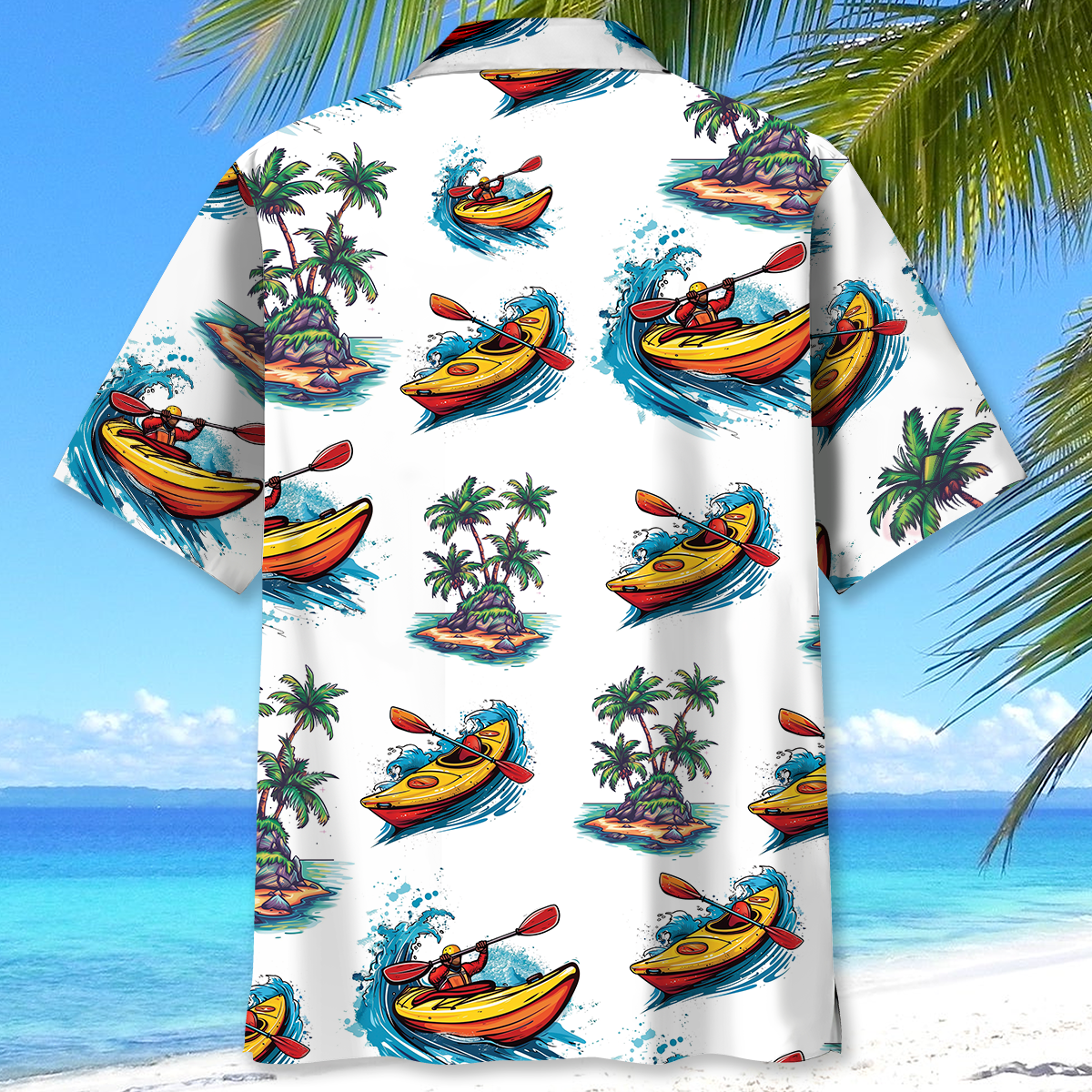 Tropical Kayaking Palm Tree Adventure Hawaiian Shirt Artwork View For Coastal Escapes And Resort Style