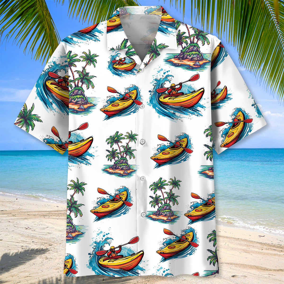Tropical Kayaking Palm Tree Adventure Hawaiian Shirt Pattern Detail For Vacation Travel And Daily Wear