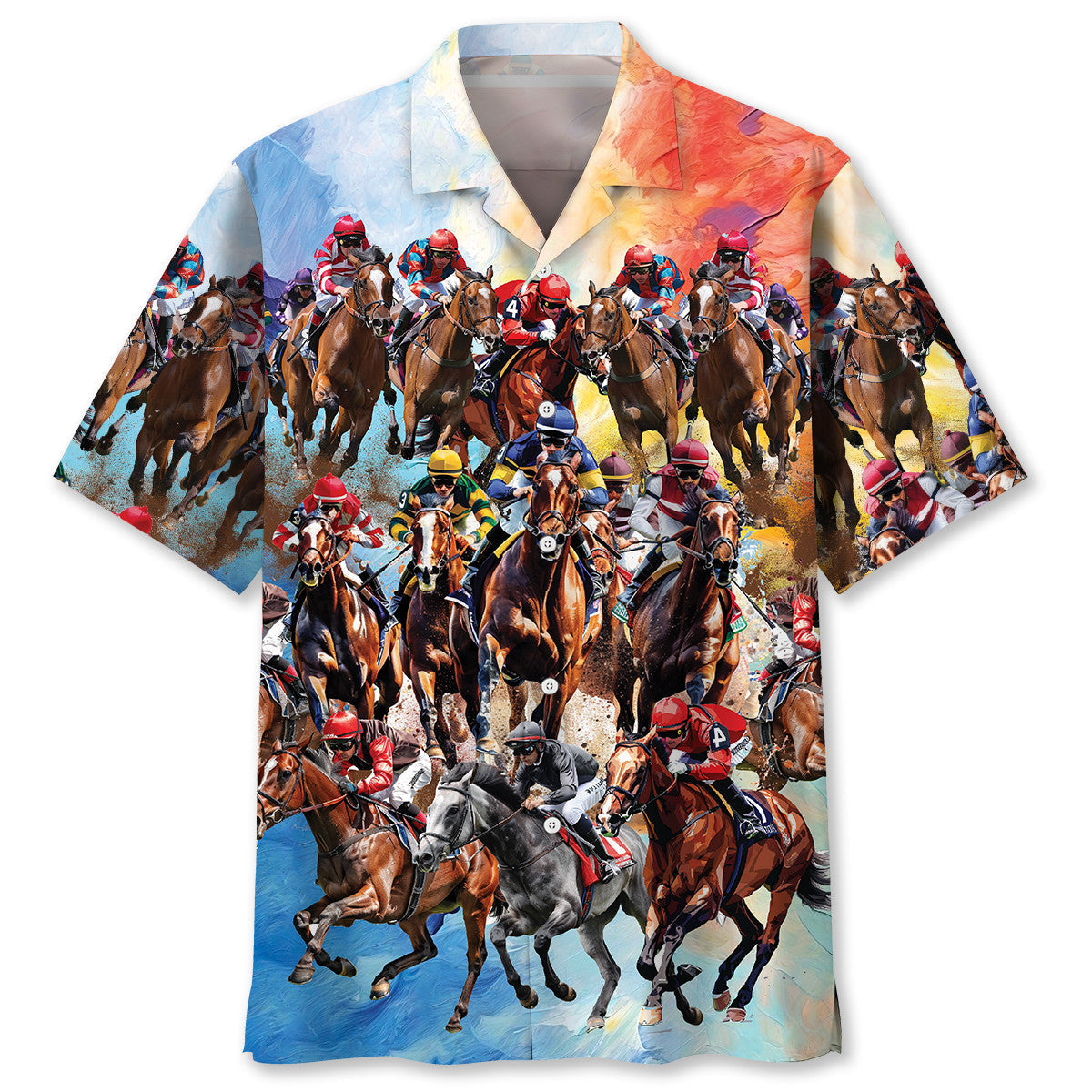 Vintage Classic Horse Racing Hawaiian Shirt Pattern View For Relaxed Warm Weather Outfits