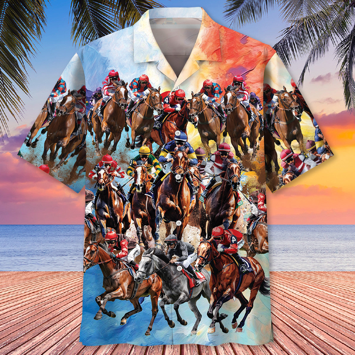 Vintage Classic Horse Racing Hawaiian Shirt Artwork Detail For Resort Trips And Outdoor Activities