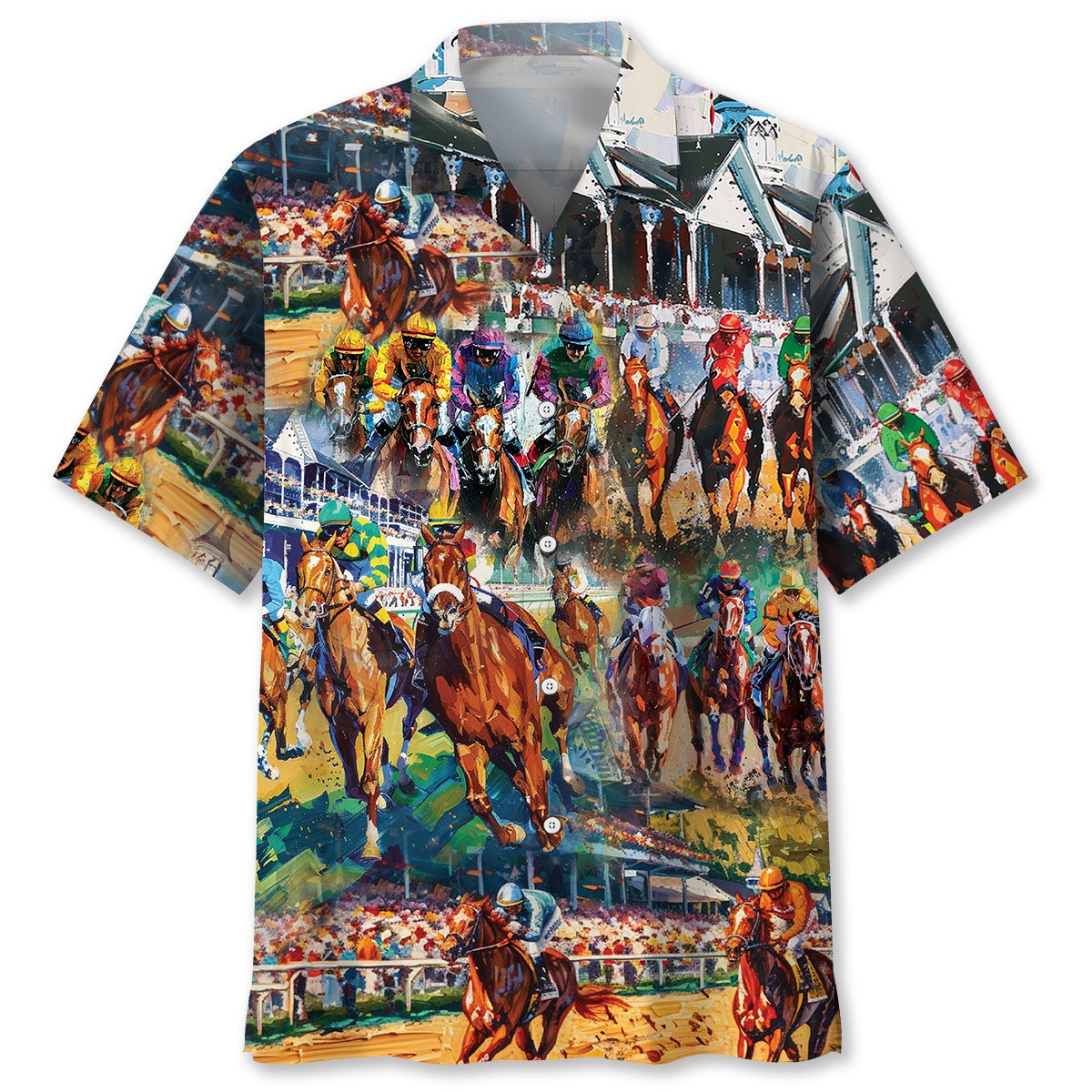 Vintage Classic Horse Racing Hawaiian Shirt Pattern Detail For Summer Holidays And Outdoor Fun